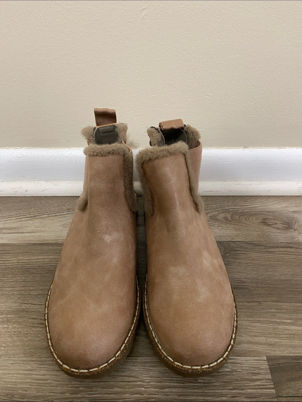 Faux-Suede Ankle Booties with Shearling Trim in Tan